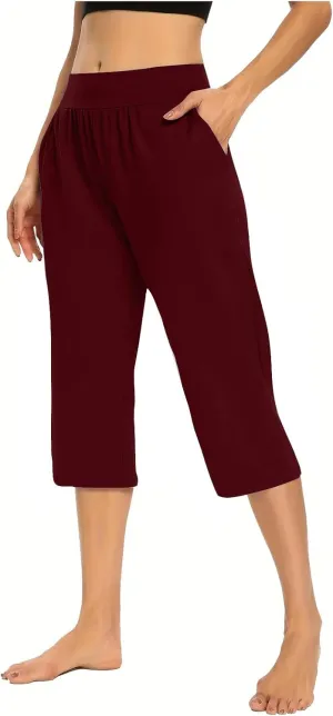 Womens Yoga Capri Pants Elastic Waisted Pants High Waisted Stretch Pants Casual Lounge Pants Summer Lightweight Pants