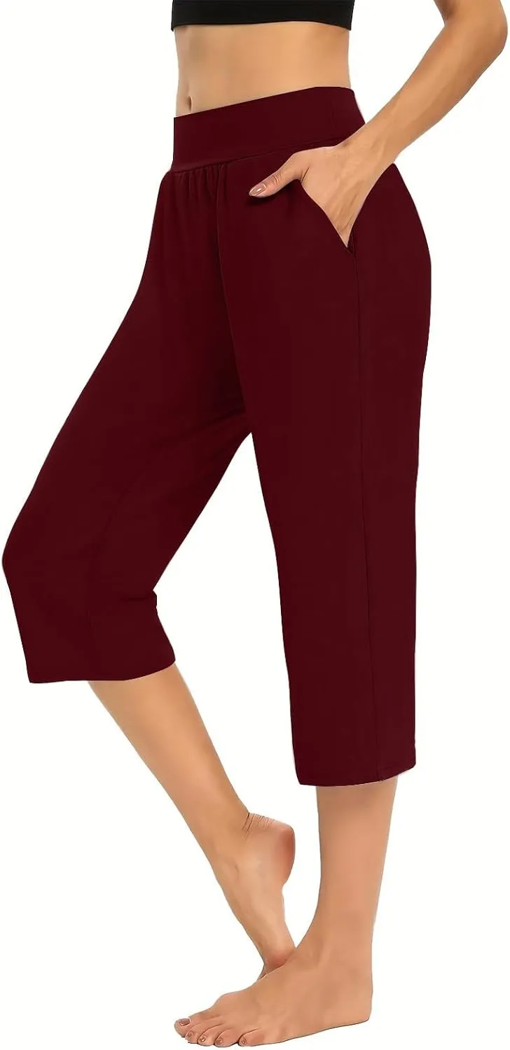 Womens Yoga Capri Pants Elastic Waisted Pants High Waisted Stretch Pants Casual Lounge Pants Summer Lightweight Pants