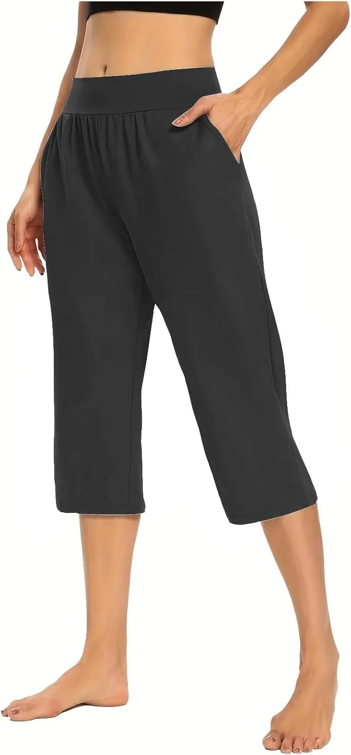 Womens Yoga Capri Pants Elastic Waisted Pants High Waisted Stretch Pants Casual Lounge Pants Summer Lightweight Pants