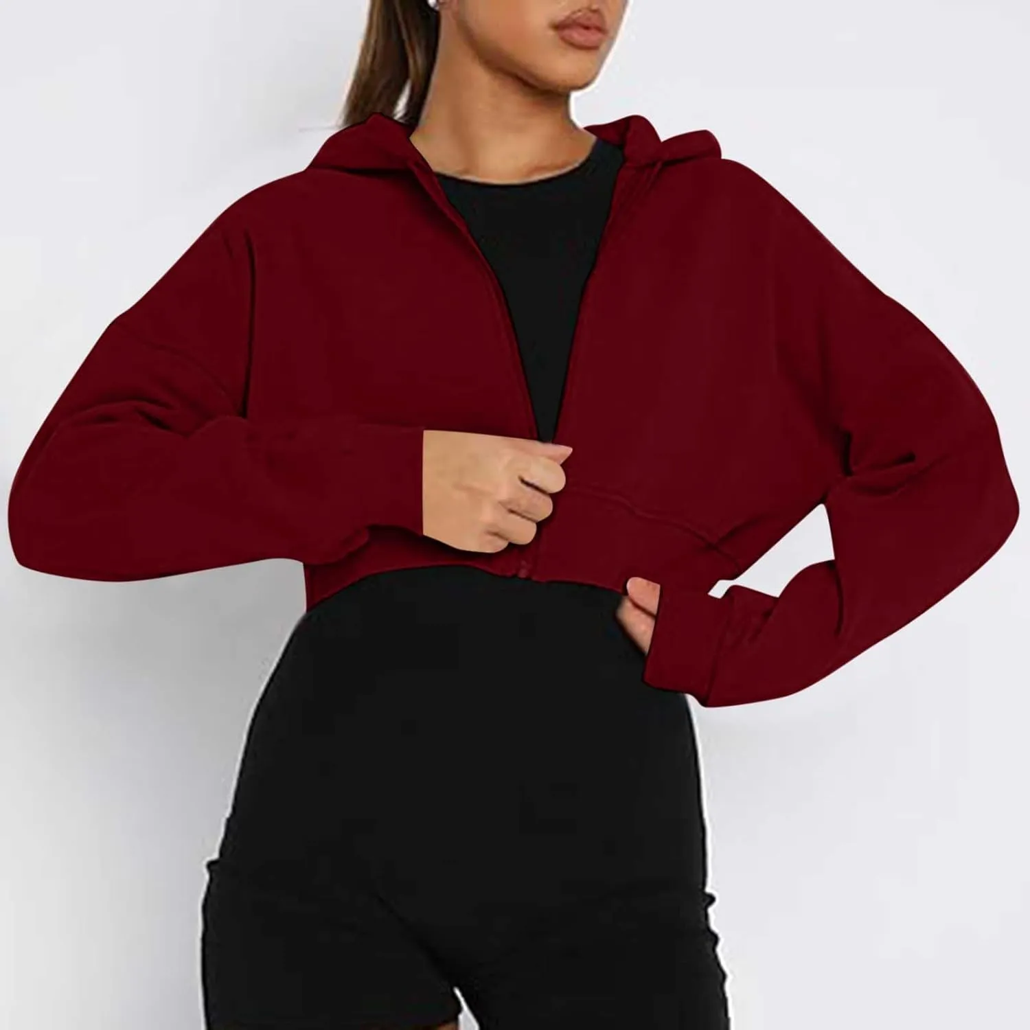 Womens Zip Up Cropped Sweatshirts Hoodie Long Sleeve Jacket Trendy Y2K Crop Tops 2024 Fashion Outfits Clothing