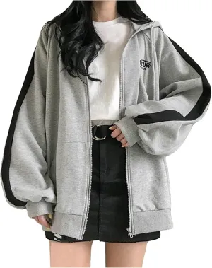 Womens Zip Up Hoodie Plus Size Oversized Aesthetic Cute Grunge Y2K Hoodies Teen Girls Vintage Baggy Sweatshirts Emo