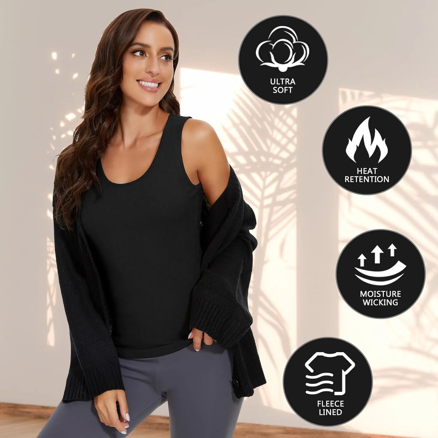 WOWENY Thermal Tank Top for Women Fleece Lined Thermal Shirts Sleeveless Tops Camisole Warm Base Layer Vest Cold Weather