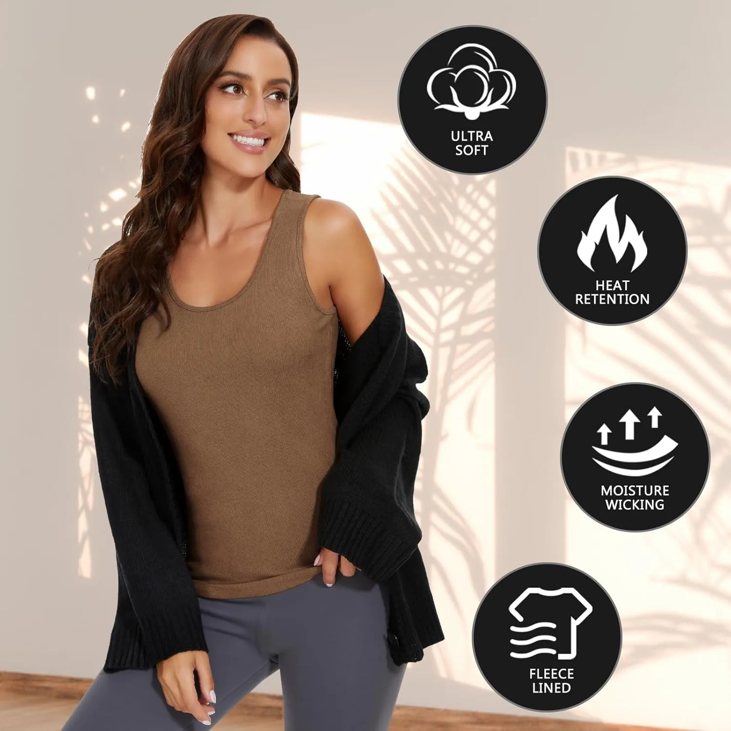 WOWENY Thermal Tank Top for Women Fleece Lined Thermal Shirts Sleeveless Tops Camisole Warm Base Layer Vest Cold Weather