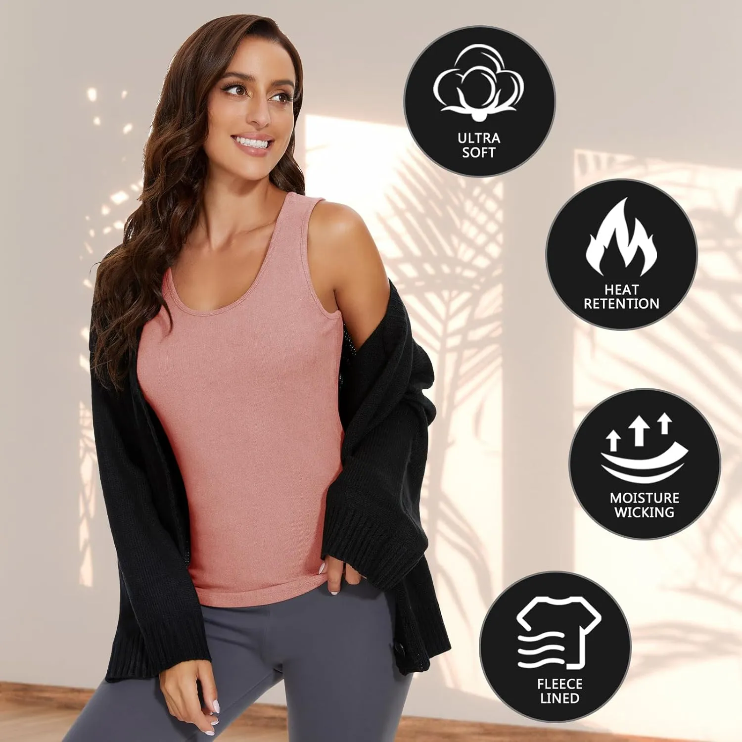WOWENY Thermal Tank Top for Women Fleece Lined Thermal Shirts Sleeveless Tops Camisole Warm Base Layer Vest Cold Weather