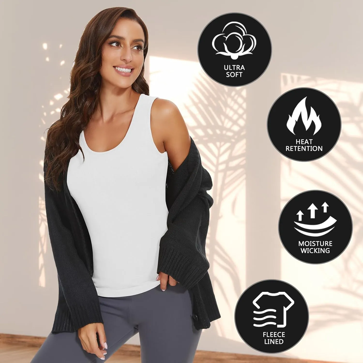 WOWENY Thermal Tank Top for Women Fleece Lined Thermal Shirts Sleeveless Tops Camisole Warm Base Layer Vest Cold Weather