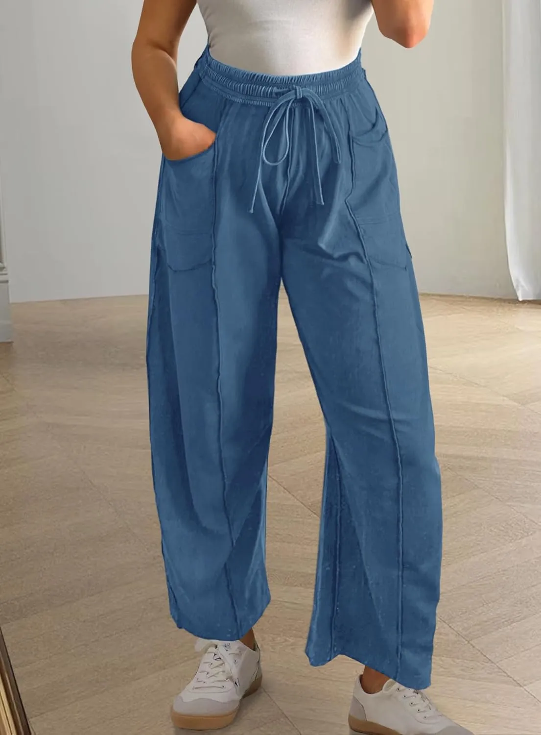 Yanekop Womens Baggy Wide Leg Pants Casual Summer Palazzo Pants Drawstring Waist Lounge Pants with Pockets