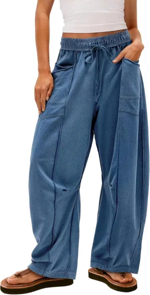 Yanekop Womens Baggy Wide Leg Pants Casual Summer Palazzo Pants Drawstring Waist Lounge Pants with Pockets