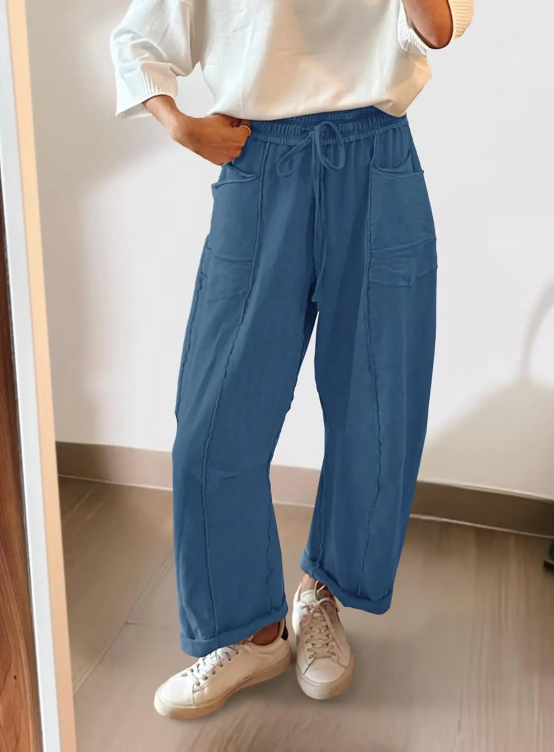 Yanekop Womens Baggy Wide Leg Pants Casual Summer Palazzo Pants Drawstring Waist Lounge Pants with Pockets