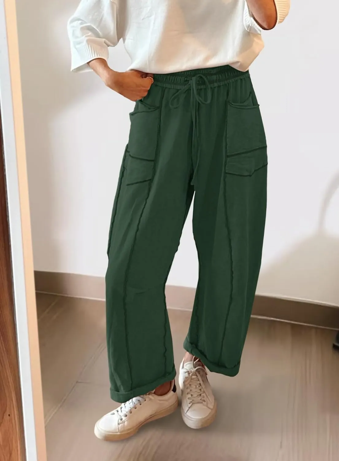 Yanekop Womens Baggy Wide Leg Pants Casual Summer Palazzo Pants Drawstring Waist Lounge Pants with Pockets