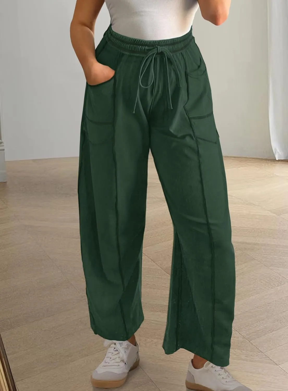 Yanekop Womens Baggy Wide Leg Pants Casual Summer Palazzo Pants Drawstring Waist Lounge Pants with Pockets