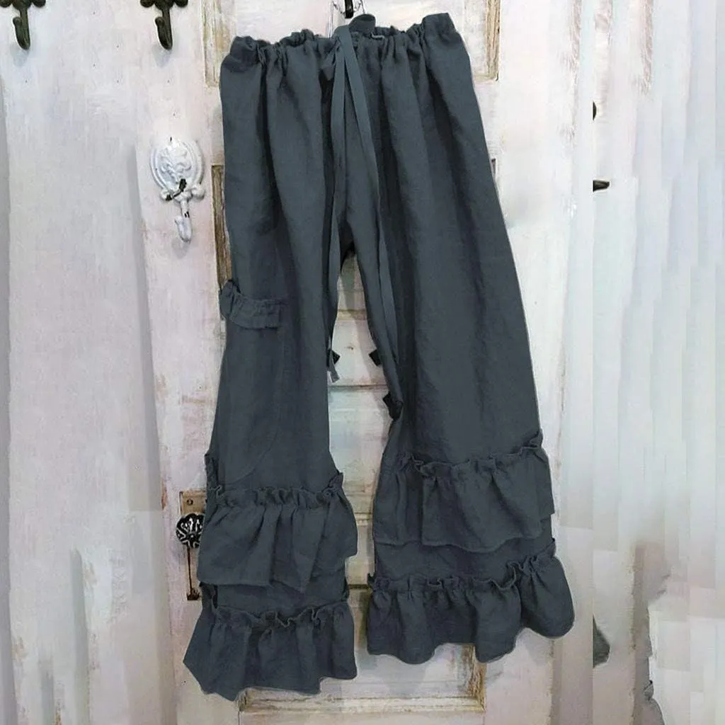 YOLAI Women Solid Cotton Linen Folds Trousers Casual Ruffled Loose Pants Drawstring Cropped Summer Beach Trousers