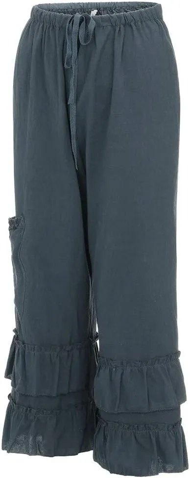 YOLAI Women Solid Cotton Linen Folds Trousers Casual Ruffled Loose Pants Drawstring Cropped Summer Beach Trousers