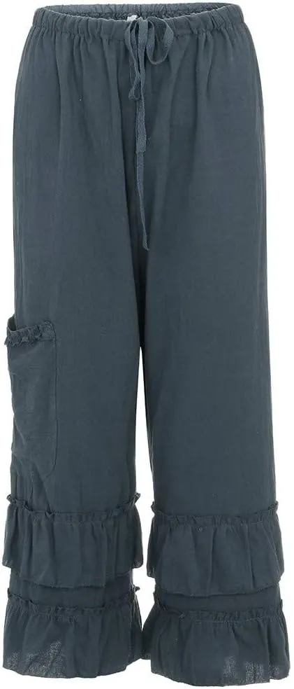YOLAI Women Solid Cotton Linen Folds Trousers Casual Ruffled Loose Pants Drawstring Cropped Summer Beach Trousers