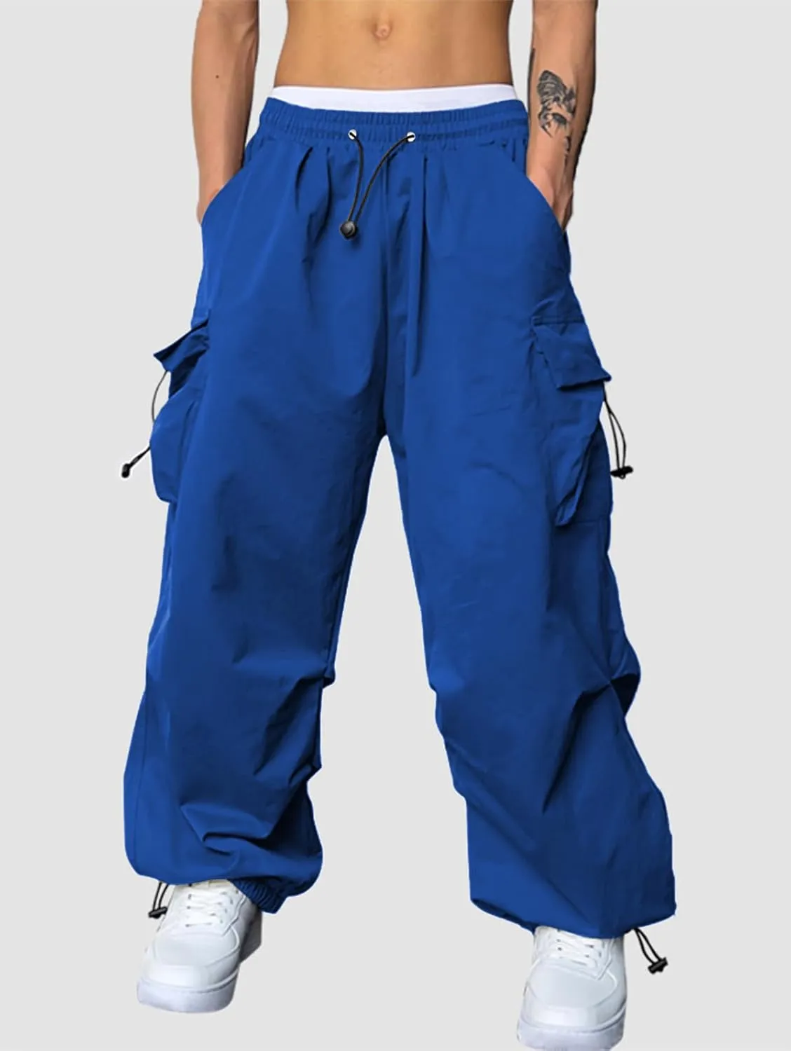 ZAFUL Flat Pocket Parachute Pants for Men Casual Baggy Cargo Pants Unisex Street Y2K Pants Drawstring Trouser