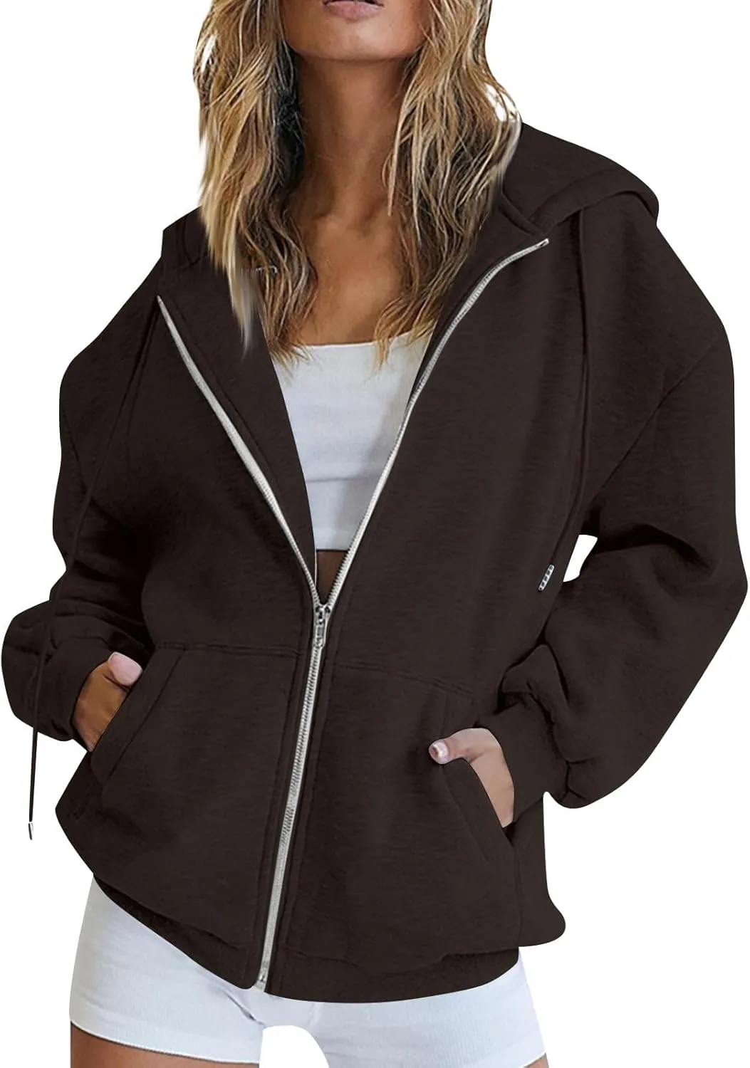 Zip Up Hoodie Women Fleece Lined Long Sleeve Oversized Sweatshirt Cute Hoodies Y2K Trendy Fall Jackets with Pockets