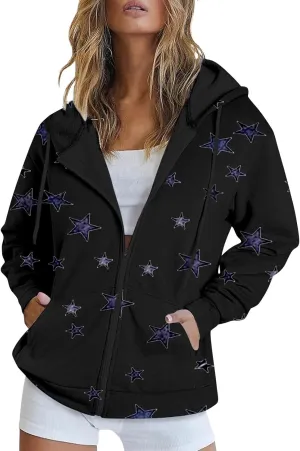Zip Up Hoodie Women Oversized Sweatshirt Star Graphic Fleece Y2K Jacket Pockets Fall Outfits Casual Fashion Clothes