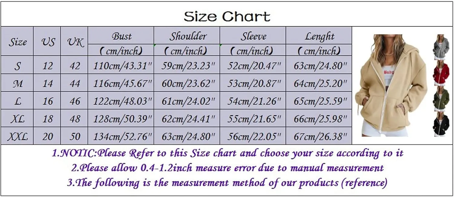 Zip Up Hoodies for Women Oversized Long Sleeve Sweatshirts Casual Y2K Fashion Jackets with Pockets 2024 Fall