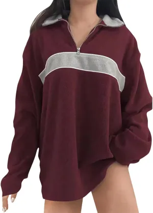 ZWRXW Women's Oversized Half Zip Sweatshirts Color Block Long Sleeve Lapel Pullover Casual Loose Fit Tops Fall Winter Clothes