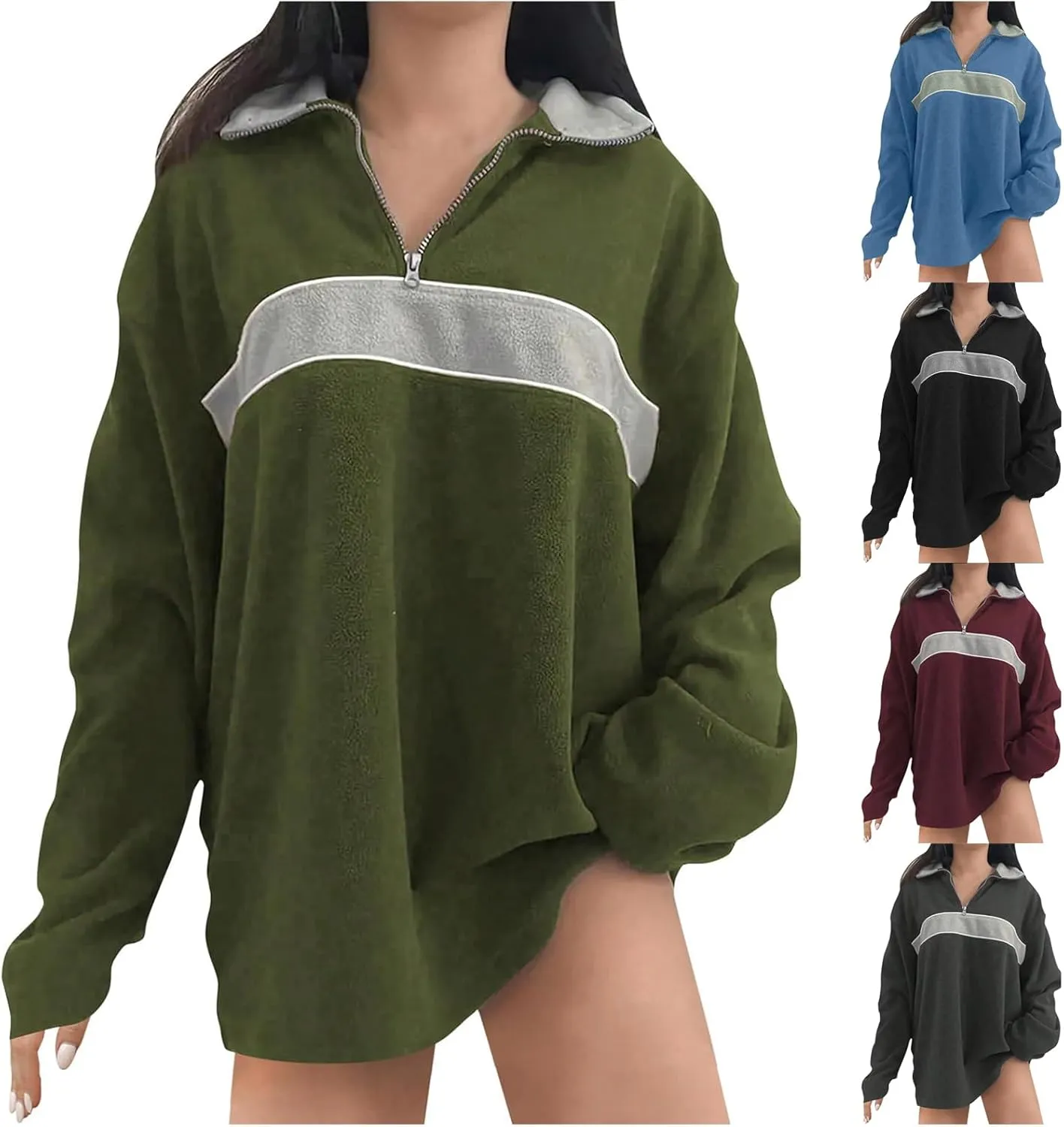 ZWRXW Women's Oversized Half Zip Sweatshirts Color Block Long Sleeve Lapel Pullover Casual Loose Fit Tops Fall Winter Clothes