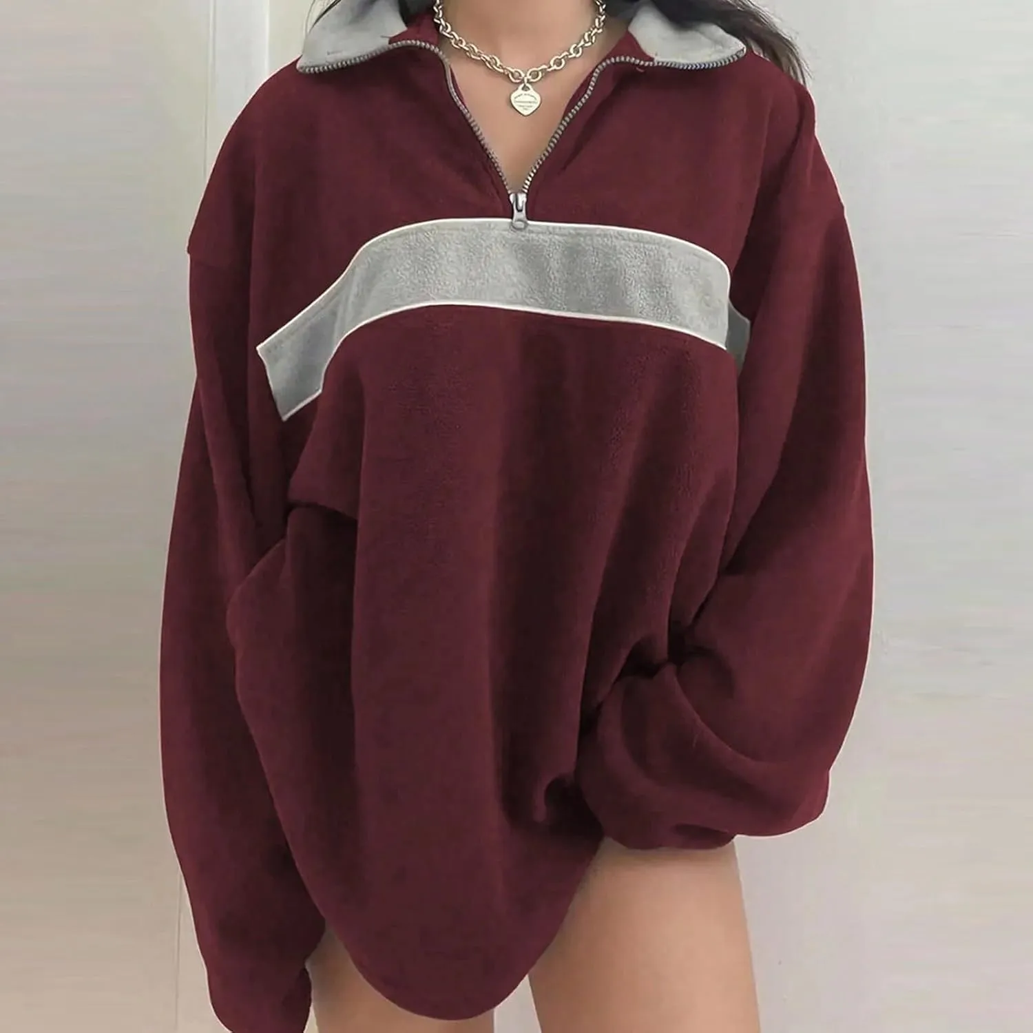 ZWRXW Women's Oversized Half Zip Sweatshirts Color Block Long Sleeve Lapel Pullover Casual Loose Fit Tops Fall Winter Clothes
