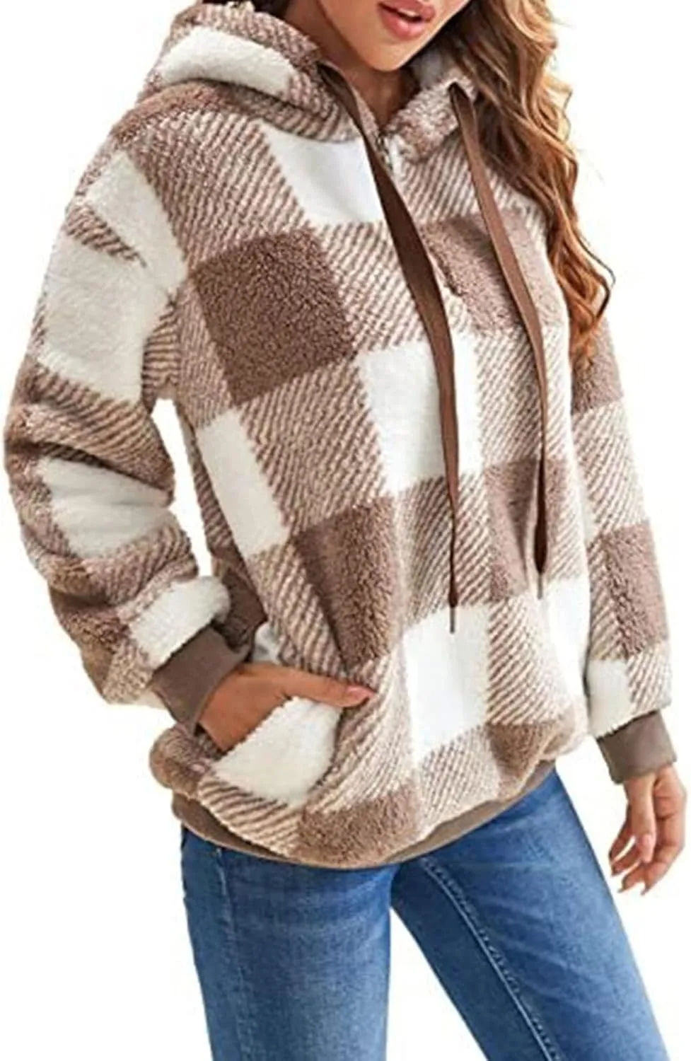 ZWRXW Womens Oversized Sherpa Hoodies Drawstring Fuzzy Fleece Hoodie Sweatshirts Fluffy Buffalo Plaid Outerwear with Pockets