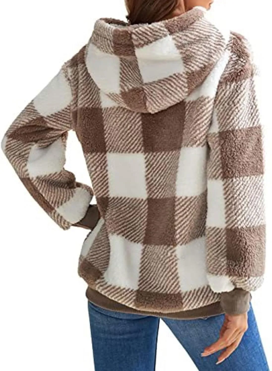 ZWRXW Womens Oversized Sherpa Hoodies Drawstring Fuzzy Fleece Hoodie Sweatshirts Fluffy Buffalo Plaid Outerwear with Pockets