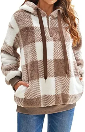 ZWRXW Womens Oversized Sherpa Hoodies Drawstring Fuzzy Fleece Hoodie Sweatshirts Fluffy Buffalo Plaid Outerwear with Pockets